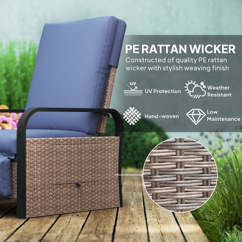 Outsunny Rattan Garden Recliner Chair, Reclining Rattan Chair with Adjustable Backrest and Footrest, Outdoor Lounge Sun Lounger with Cushion, Side Tray and Aluminium Armrests, Brown/Blue