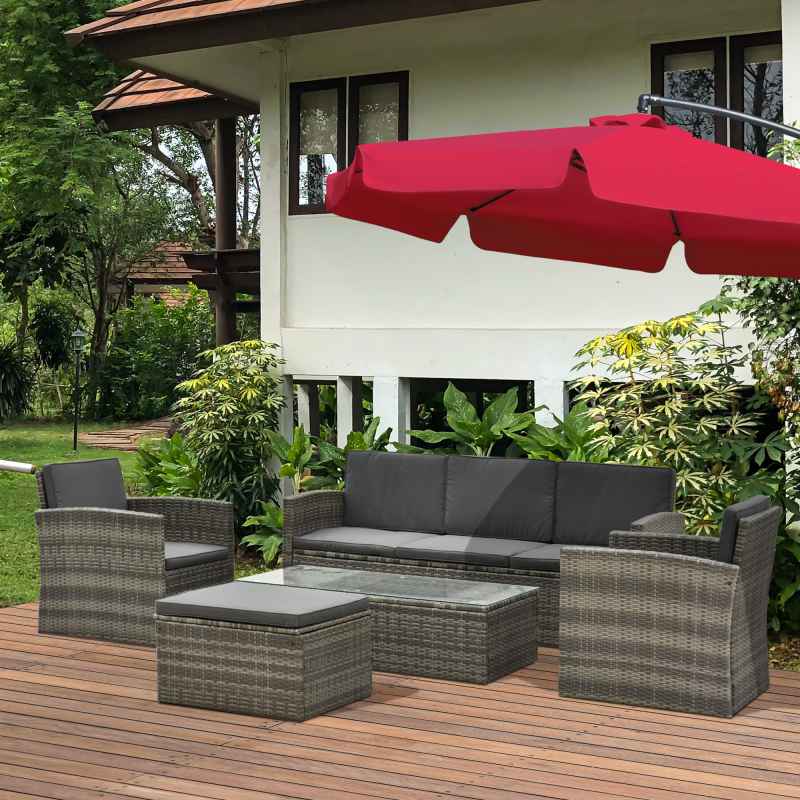 Outsunny 5 Pieces Rattan Garden Furniture Set, Wicker Garden Sofa Set with Storage Sofa and Ottomans, 2 Armchairs, Glass Coffee Table, Outdoor Conservatory Furniture with Cushions for Patio, Grey