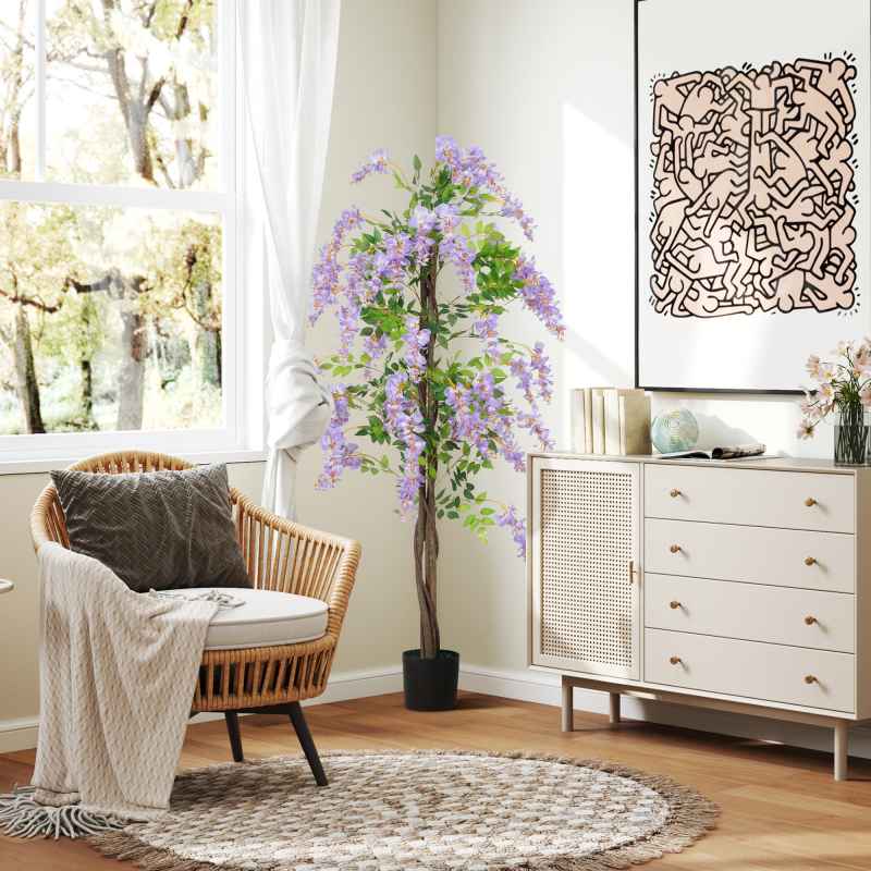 HOMCOM Artificial Wisteria Flower, Tall Fake Plant with 756 Leaves and 54 Flowers in Pot, Decorative Artificial Plant for Home Indoor Decor, 180 cm, Purple