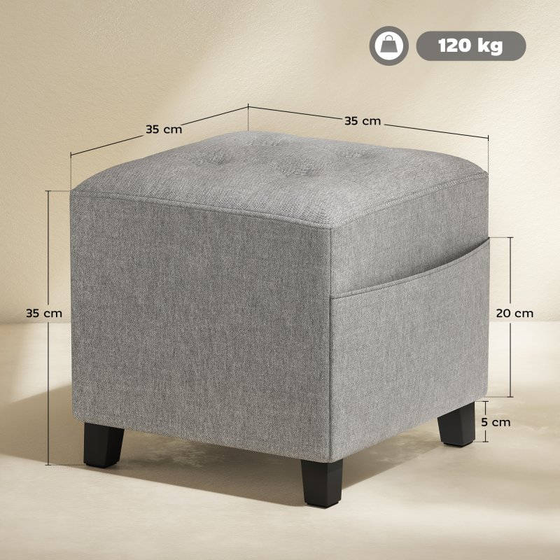 HOMCOM Square Footstool, Small Ottoman with Side Pocket, Linen Fabric Footrest Foot Stool with Rubber Wood Legs and Padded Seat for Living Room, Bedroom, Entryway, 35 x 35 x 35cm, Light Grey
