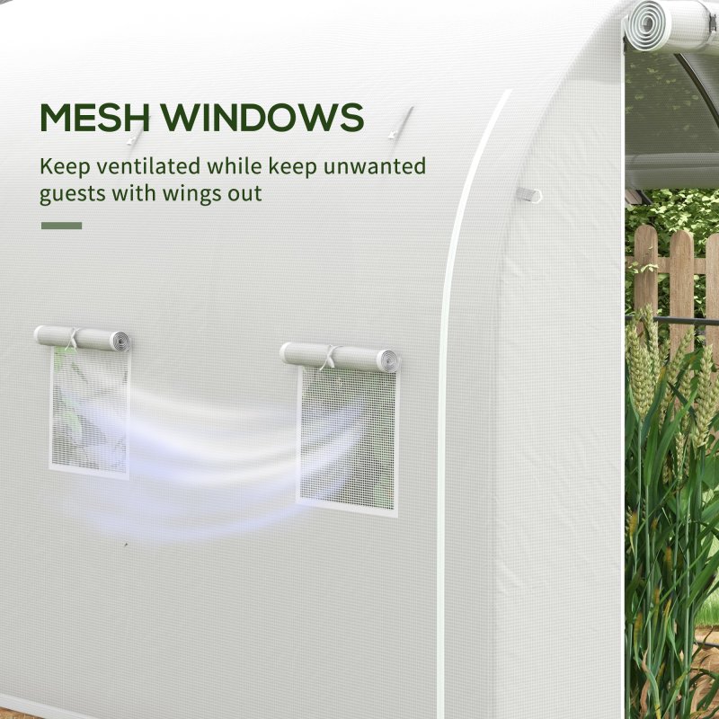 Outsunny 3 x 2 m Polytunnel Greenhouse with Zipped Roll-up Door and Mesh Windows, Walk-in Greenhouse with PE Cover and Galvanised Steel Frame, White