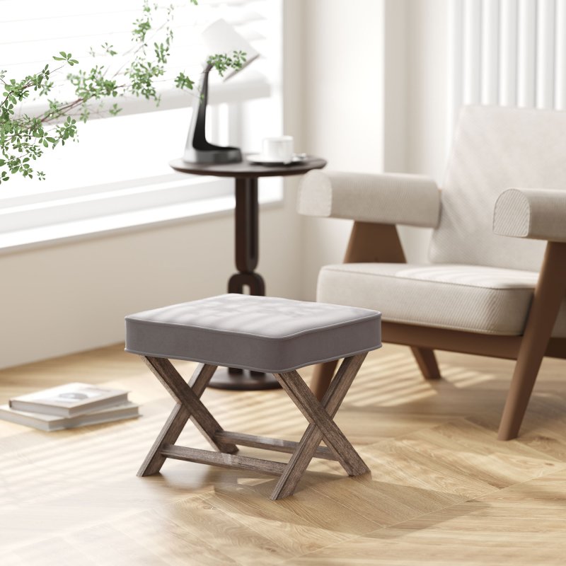 HOMCOM Vintage Footstool Padded Seat X Leg Chair Velvet Cover Shabby Chic Footrest Solid Rubber Wood Frame 49.5 x 45 x 41 cm Grey