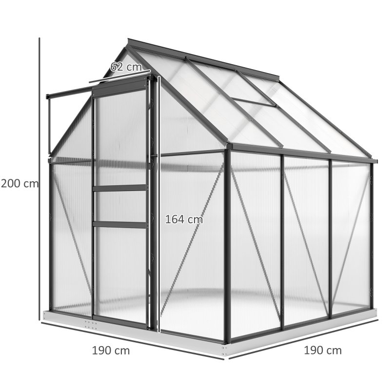 Outsunny Polycarbonate Greenhouse, Small Greenhouse with Adjustable Roof Vent, Garden Green House with Galvanised Base, Sliding Door and Rain Gutter, 190 x 190 x 200 cm, Grey