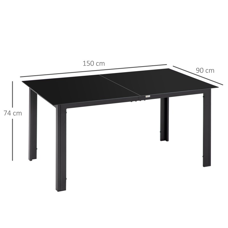 Outsunny Outdoor Dining Table for 6, Aluminium Rectangular Garden Table with Tempered Glass Tabletop for Yard, Deck, Patio, 150 x 90 x 74 cm, Black