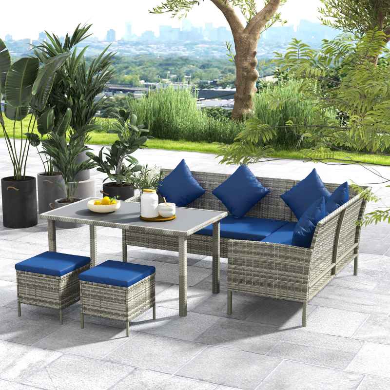 Outsunny 5 Pieces Rattan Garden Furniture Set, 6 Seater Wicker Dining Set, Corner Garden Sofa Outdoor Furniture Set with Glass Top Table, Footstool and Cushions for Patio, Dark Blue