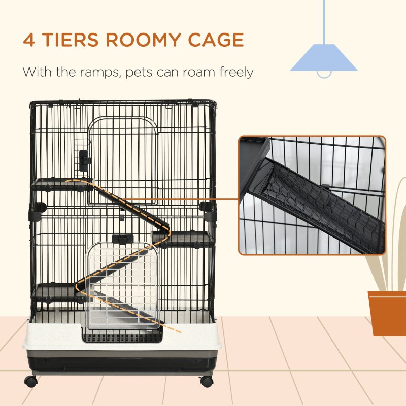 PawHut 4-Level Small Animal Cage, Indoor Bunny House, for Ferrets, Chinchillas w/ Wheels, Slide-Out Tray, Black, 81 x 52.5 x 114 cm
