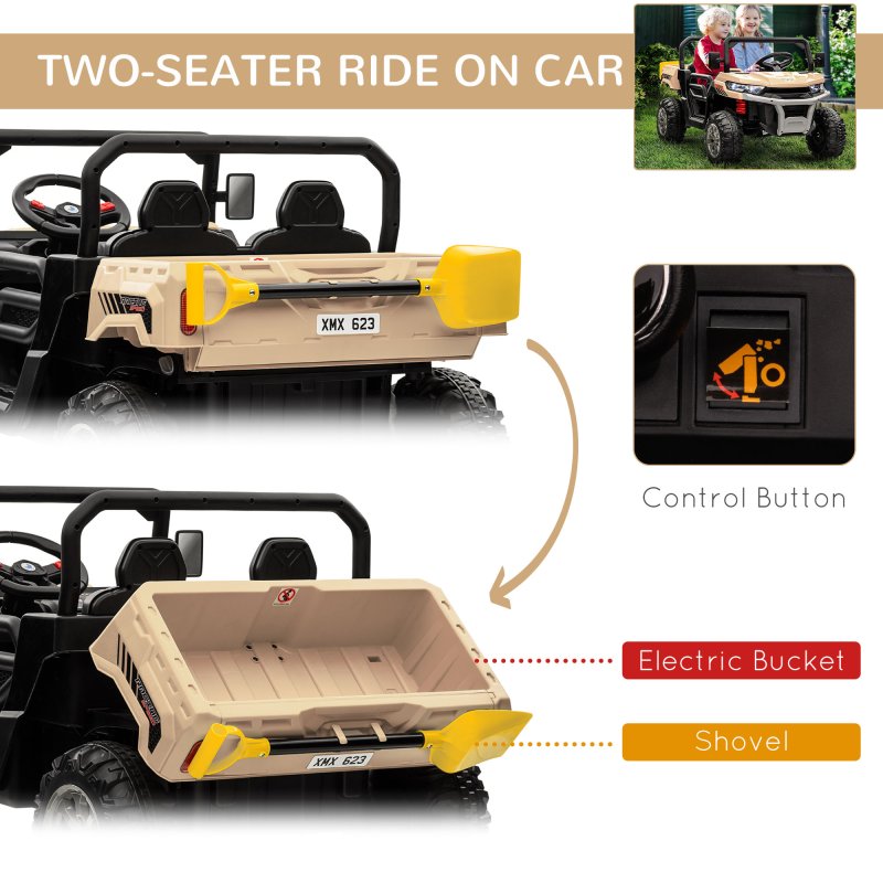 HOMCOM 2 Seater Kids Ride On Car with Electric Bucket, 12V Battery Powered Electric UTV with Shovel, Parental Remote, 4 Spring Suspension Wheels, Working Horn, Music - Yellow