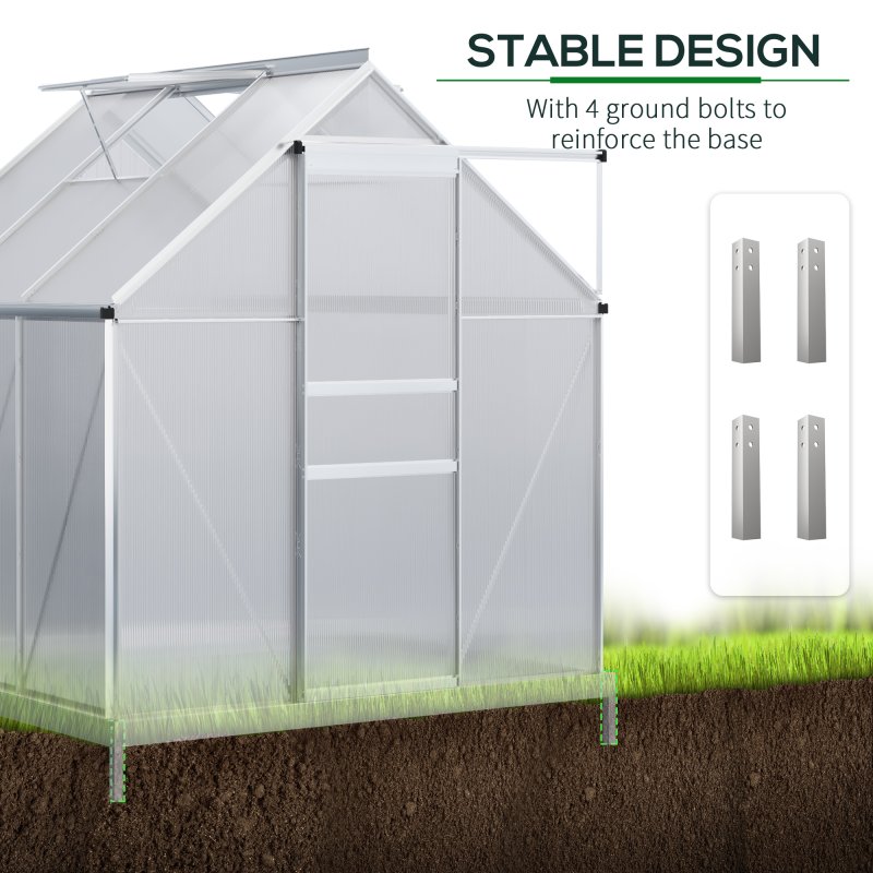 Outsunny Polycarbonate Greenhouse, Small Greenhouse with Adjustable Roof Vent, Garden Green House with Galvanised Base, Sliding Door and Rain Gutter, 190 x 190 x 200 cm, Silver Tone