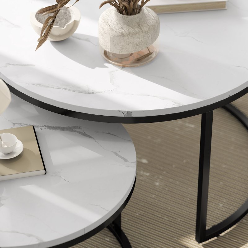HOMCOM Round Nesting Coffee Table Set of 2, Large Stacking End Side Table with Steel Frame for Living Room, Bedroom, Home Office, 78.5 x 78.5 x 46.5 cm, Marble White