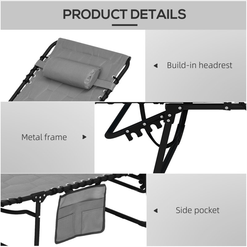 Outsunny 2 Piece Foldable Sun Lounger Set with 5-level Reclining Back, Outdoor Tanning Chairs Sun Loungers with Build-in Padded Seat, Side Pocket, Headrest for Beach, Patio, Grey