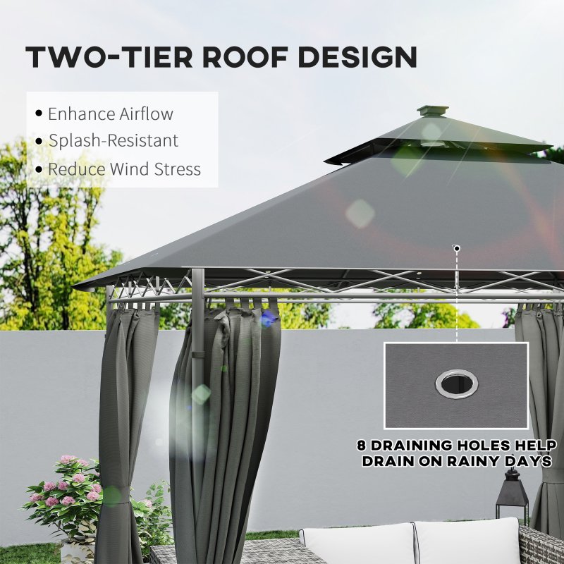 Outsunny 3 x 3 m Garden Gazebo, Double Roof Metal Gazebo with Curtains and Solar-Powered LED Lights, Outdoor Canopy Shelter for Patio, Deck, Dark Grey