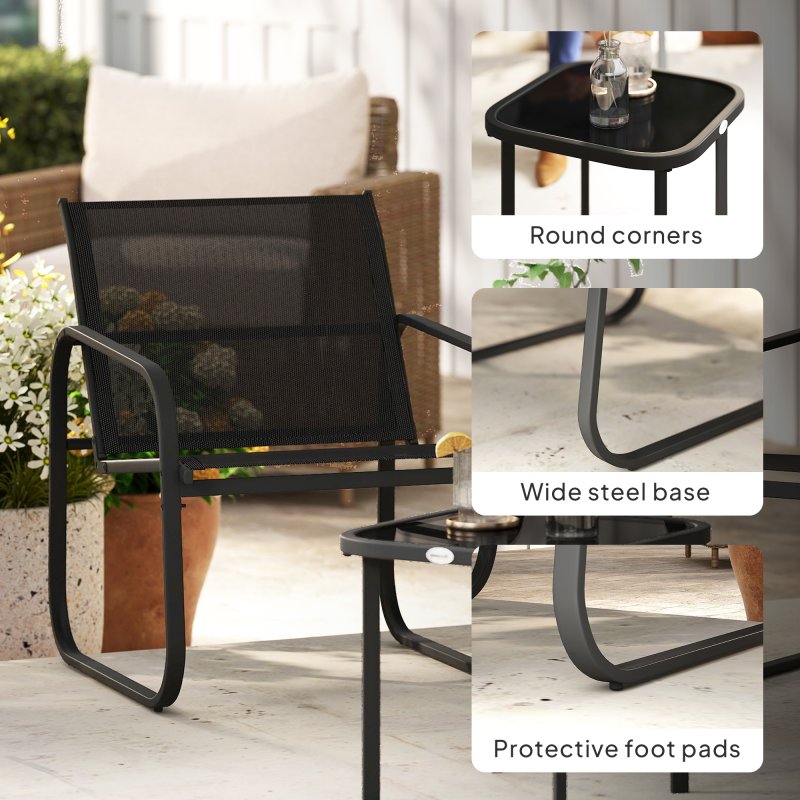Outsunny Garden Bistro Set, 3 Piece Metal Garden Furniture Set with Mesh Chairs and Square Glass Top Table, Small Balcony Furniture for Outdoor, Patio, Conservatory, Black