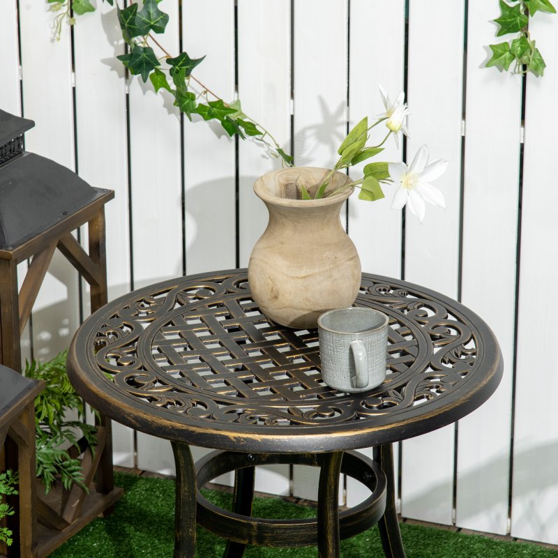 Outsunny 60cm Round Garden Table, Outdoor Hollow Top Design Side Table with Cast Aluminium Frame for Patio, Garden, Balcony, Bronze