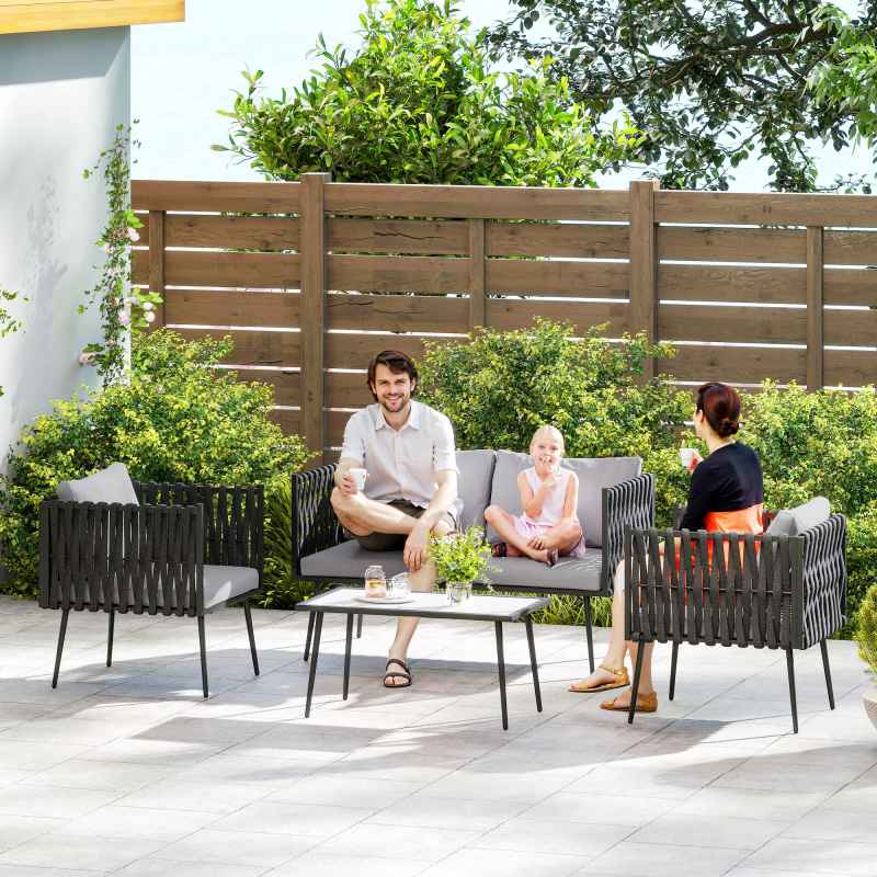 Outsunny 4 Piece Outdoor Garden Furniture Set with Cushions, 4 Seater Garden Sofa Set with Loveseat, Armchairs and Faux Marble Top Table, Outdoor Furniture Set for Patio, Conservatory, Light Grey