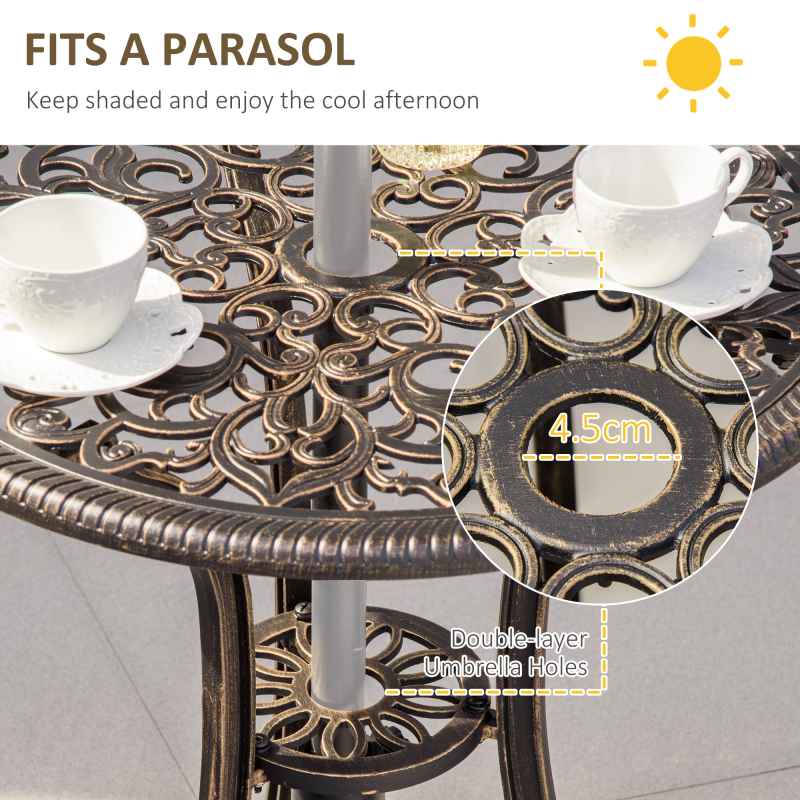 Outsunny 3 Piece Cast Aluminium Garden Bistro Set for 2, Outdoor Coffee Table Set Rust Resistant with Parasol Hole, Cushions, Patio Table and Chairs for Garden, Balcony, Bronze Tone