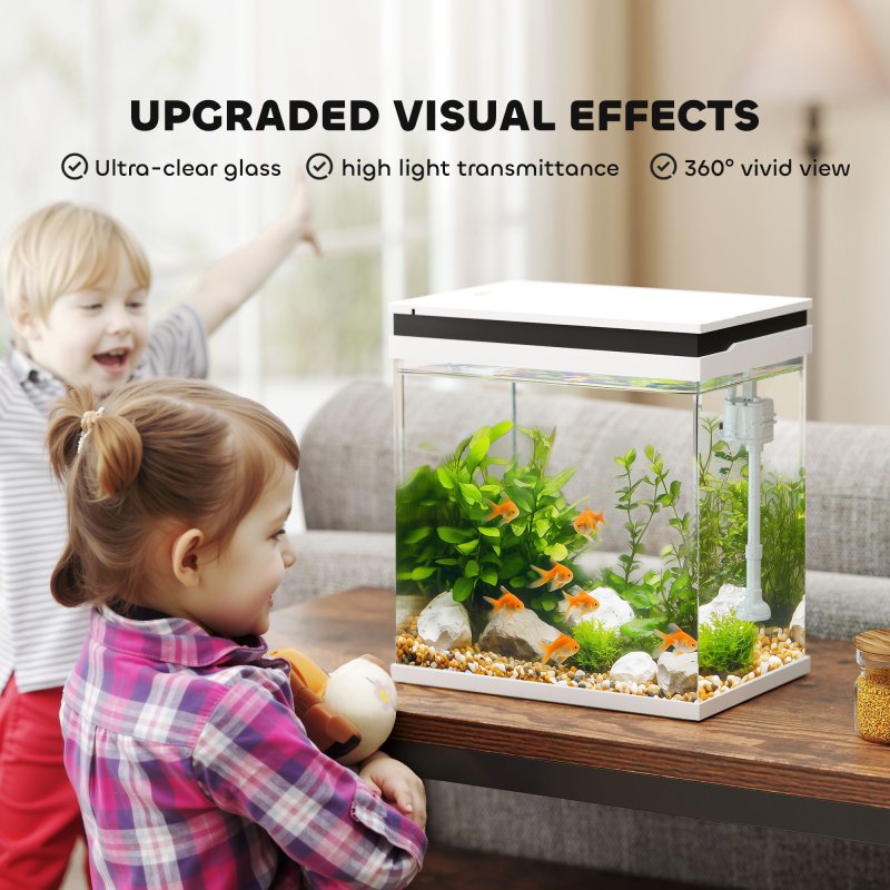 PawHut Fish Tank, 14L Glass Aquarium with Filter System, LED Lights, Water Pump, Betta Fish Tank for Goldfish, Shrimps, White