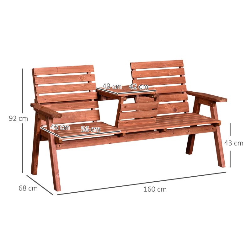 Outsunny 2 Seater Wooden Garden Bench with Convertible Middle Table, Outdoor Three-Seater Bench for Patio, Park, Porch, Orange