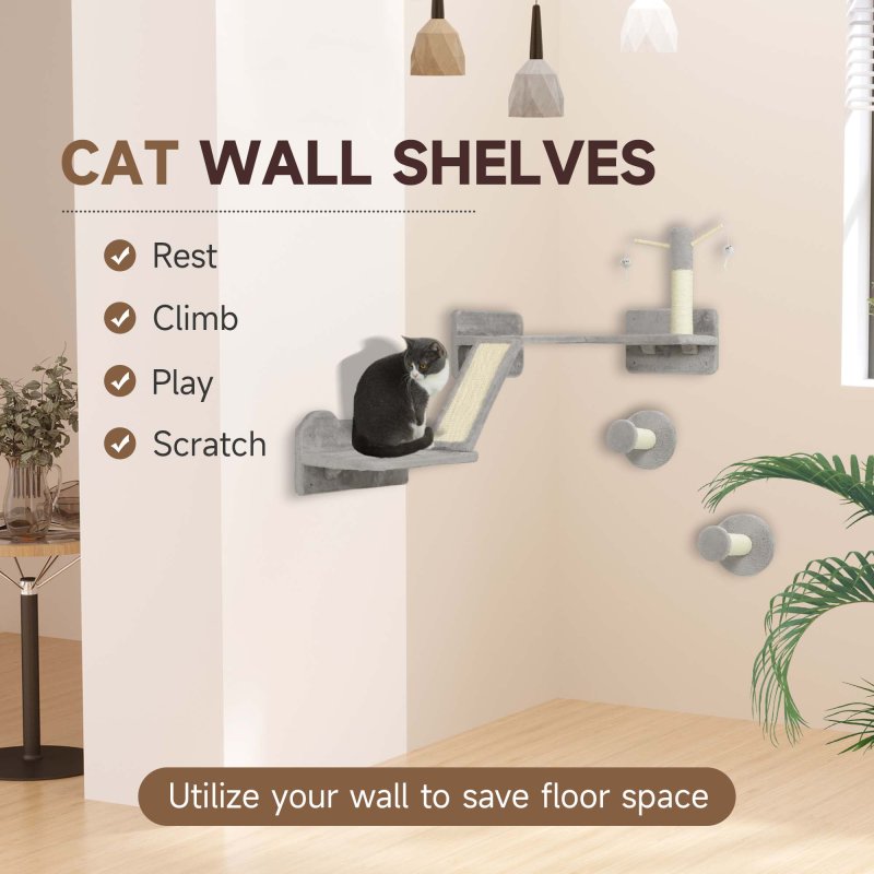 PawHut Cat Wall Furniture, 3 Piece Cat Shelves with Scratching Posts, Scratching Pads, Perches, Cat Wands, Toy Balls, Corner Design Cat Wall Shelves for Indoor Cats, Kittens, Light Grey