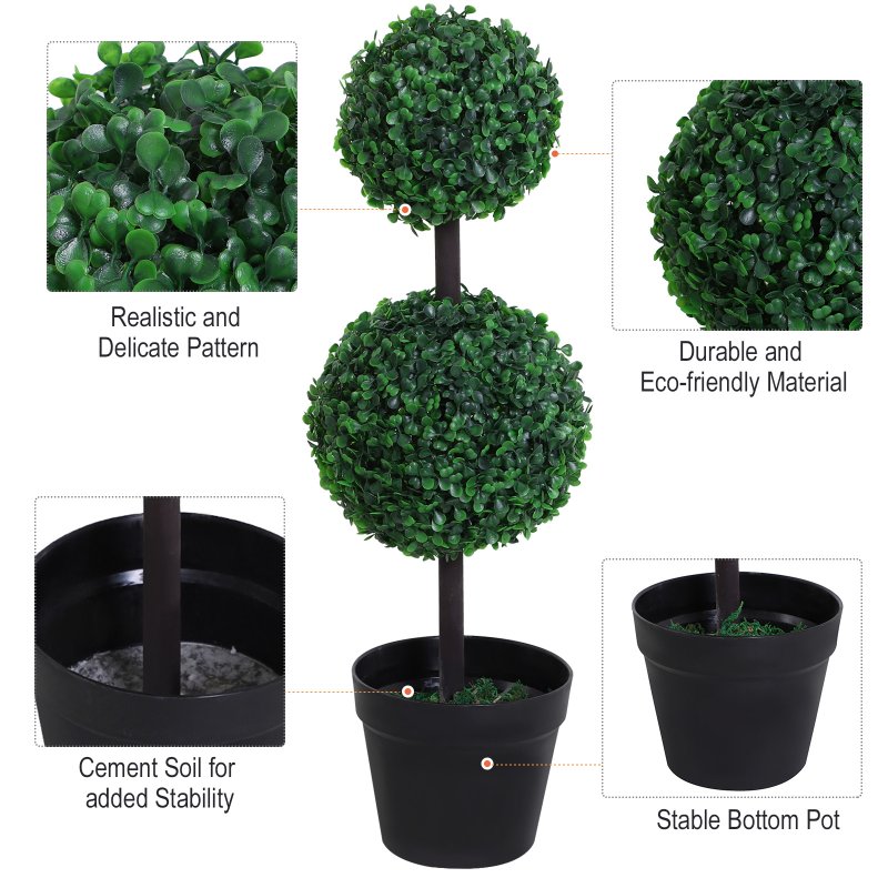 Outsunny Set of 2 Artificial Boxwood Ball Topiary Trees Potted Decorative Plant Indoor D??cor (67cm)