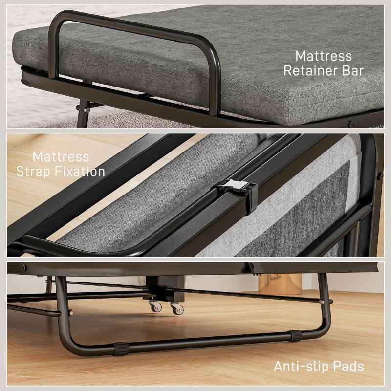 HOMCOM Folding Bed with Mattress, Foldable Guest Bed on Wheels, Portable Single Bed with 7cm Mattress, 188 x 76cm, Grey