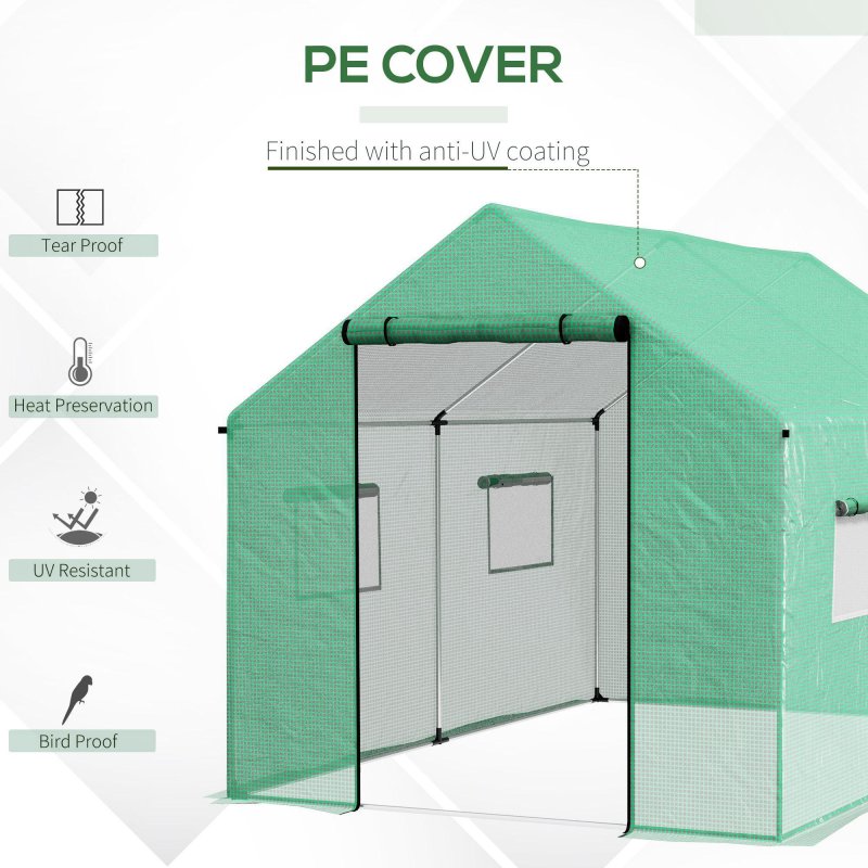 Outsunny 2 x 3(m) Walk-in Polytunnel Greenhouse with Wide Roll-up Door, 4 Mesh Windows, Tunnel Warm House Tent with UV-resistant PE Cover, Green