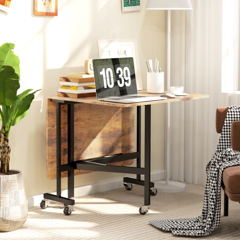 HOMCOM Mobile Drop Leaf Table, Folding Dining Table with 6 Wheels & Brakes, Kitchen Table for Small Spaces, Rustic Brown