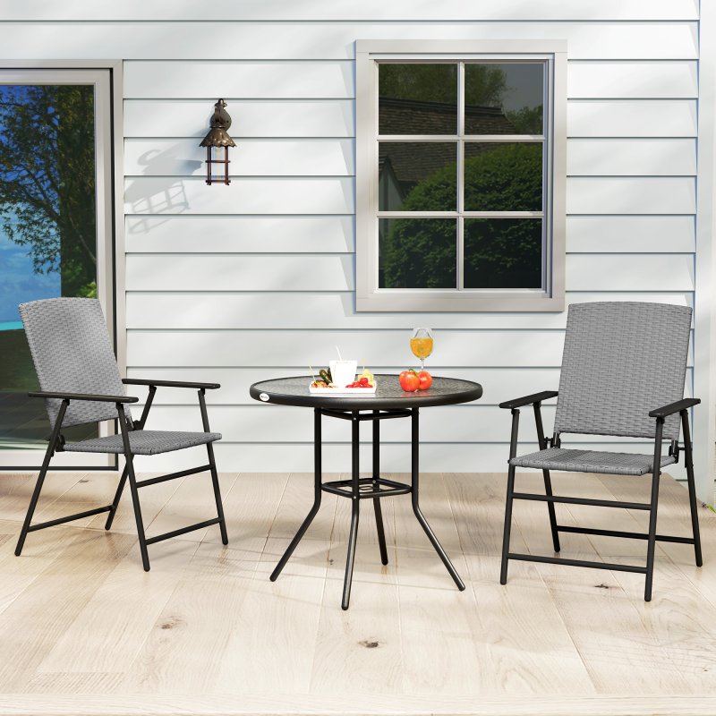 Outsunny Folding Garden Chairs Set of 2, PE Rattan Garden Dining Chairs with Armrests, High Back and Steel Frame, Weather Resistant Outdoor Dining Furniture for Patio, Balcony, Grey