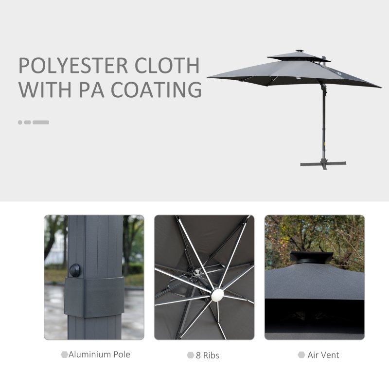 Outsunny 3m Cantilever Roma Parasol, Offset Patio Umbrella, Solar LED Lighted Hanging Sun Shade Canopy 250g Polyester SunShade with Aluminium Frame, Tilt & Crank Handle, Cross Base for Lawn, Grey