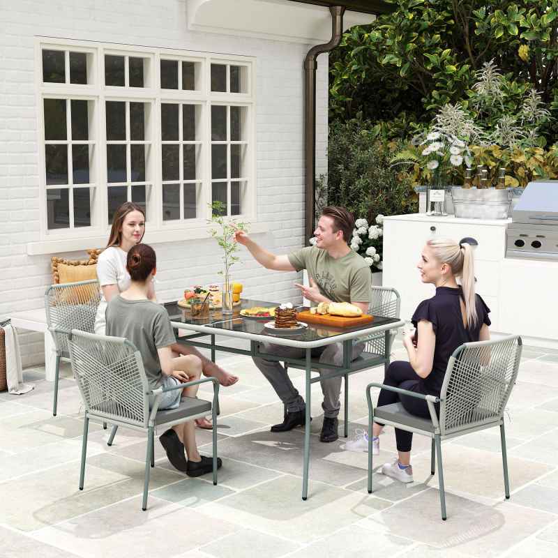 Outsunny 5 Piece Wicker Garden Dining Set, PE Rattan Garden Furniture Set with 4 Stackable Chairs, Tempered Glass Top Table and Cushions, Outdoor Table and Chairs for Patio, Conservatory, Light Grey