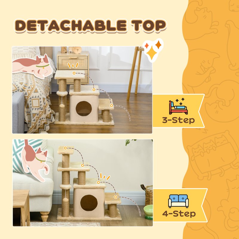 PawHut Dog Steps for Bed, 4 Step Pet Stairs with Cat House, Detachable Cover, Jute Scratching Post, Cat Climb ladder for Sofa w/ Hanging Balls - Beige