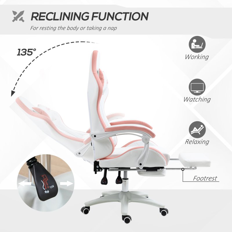 Vinsetto Computer Gaming Chair, PU Leather Office Desk Chair with Footrest, Swivel Wheels, 135?? Reclining Back, Lumbar Support, Headrest for Home, White and Pink
