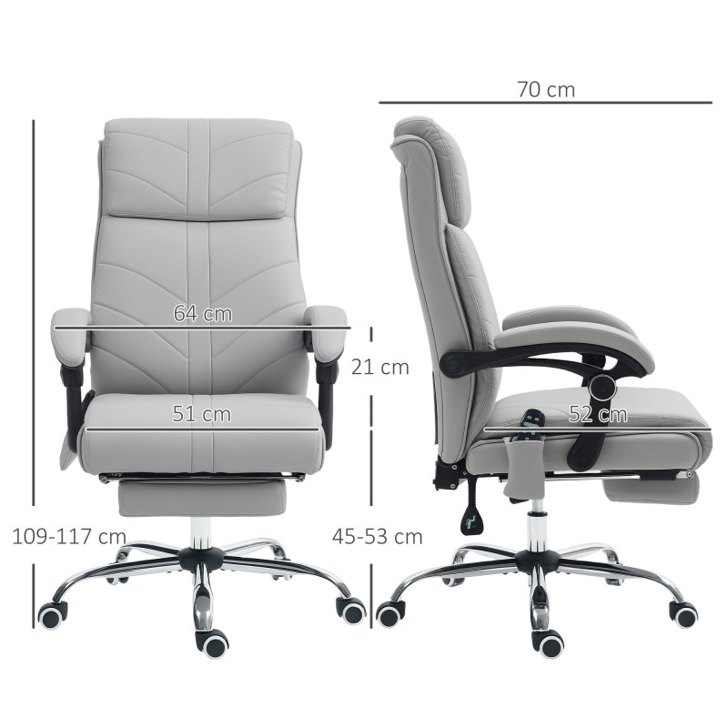 Vinsetto Office Chair with 4-point Vibration Massage and Heat, PU Leather High Back Recliner Desk Chair with Adjustable Height, Armrest, Footrest, Swivel Computer Chair for Home, Light Grey