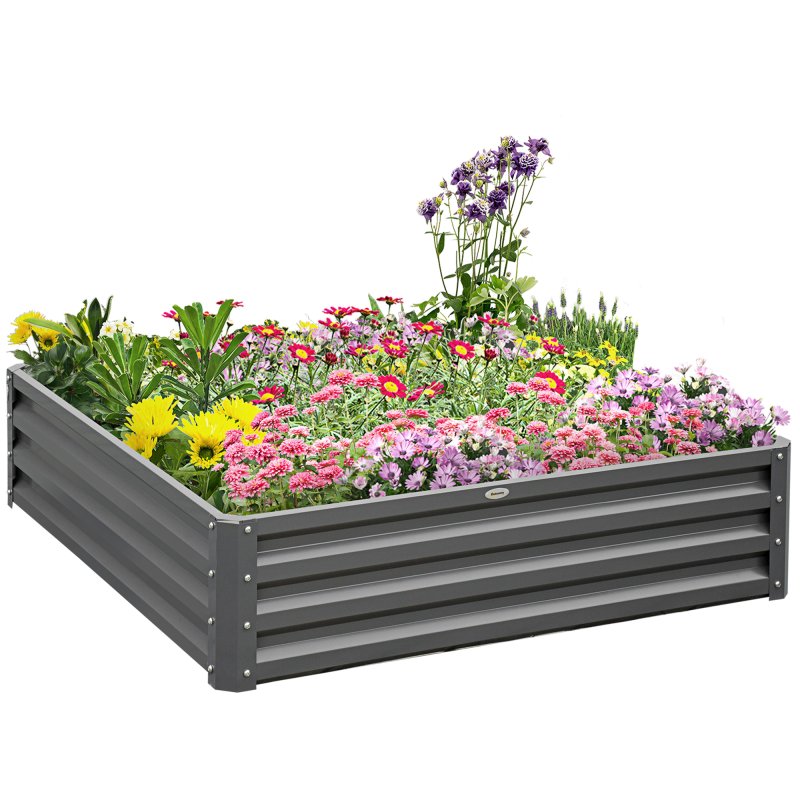 Outsunny 432L Square Raised Garden Bed Box with Weatherized Steel Frame for Vegetables, Flowers and Herbs, 120 x 120 x 30cm, Light Grey