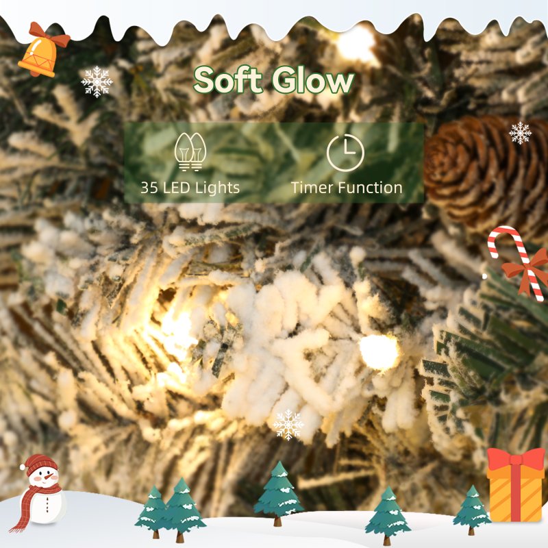 HOMCOM 60cm/ 24inch Prelit Christmas Wreath with 35 Warm White LED Lights, Timer, Battery Operated, Flocked Winter Door Wreath with All Realistic Branches, Silver Tone Glitter for Home Decorations