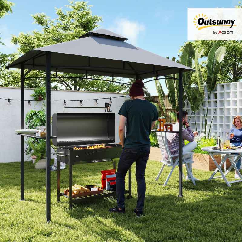 Outsunny 2.5x1.5m (8'x5') Grill Gazebo Canopy, Double Tiered Outdoor BBQ Gazebo Shelter with 2 Side Shelves for Garden, Patio, Barbecue, Picnic, Grey