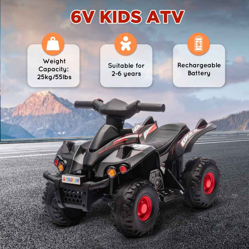AIYAPLAY 6V Electric Quad Bike for Kids, Kids Electric Car Ride on ATV with Music, Forward Function, for Ages 2-6 Years, Black