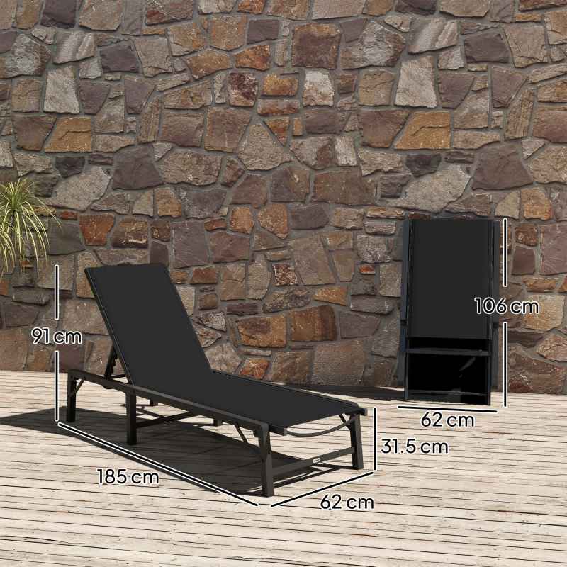 Outsunny Folding Sun Lounger, 5-Position Adjustable Reclining Garden Lounger, Garden Chaise Lounge Sunbed Recliner Chair with Steel Frame for Beach, Porch, Patio, Camping, Black