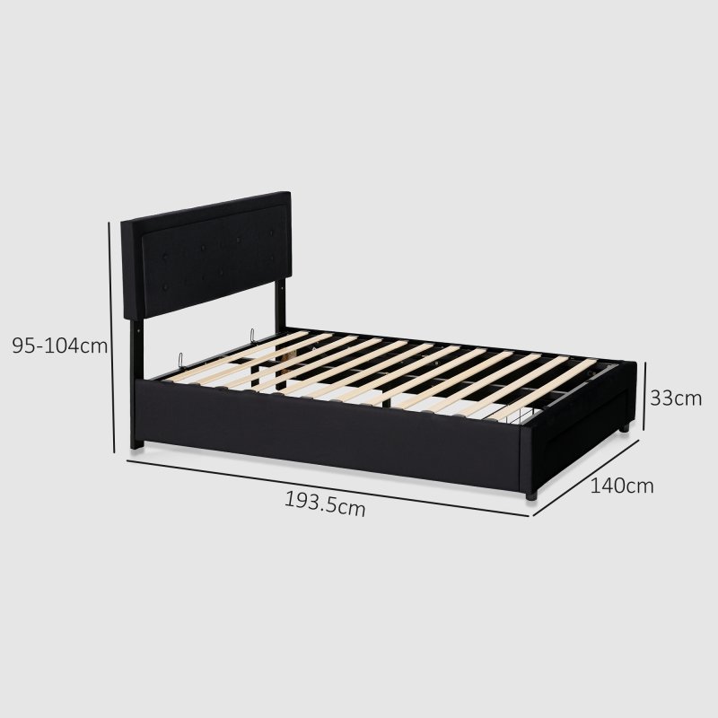 HOMCOM Double Ottoman Bed Frame, 4ft6 Gas Lift Storage Bed with 2-Level Adjustable Velvet Upholstered Headboard, Wheeled Drawer and Wooden Slats, No Mattress, Black