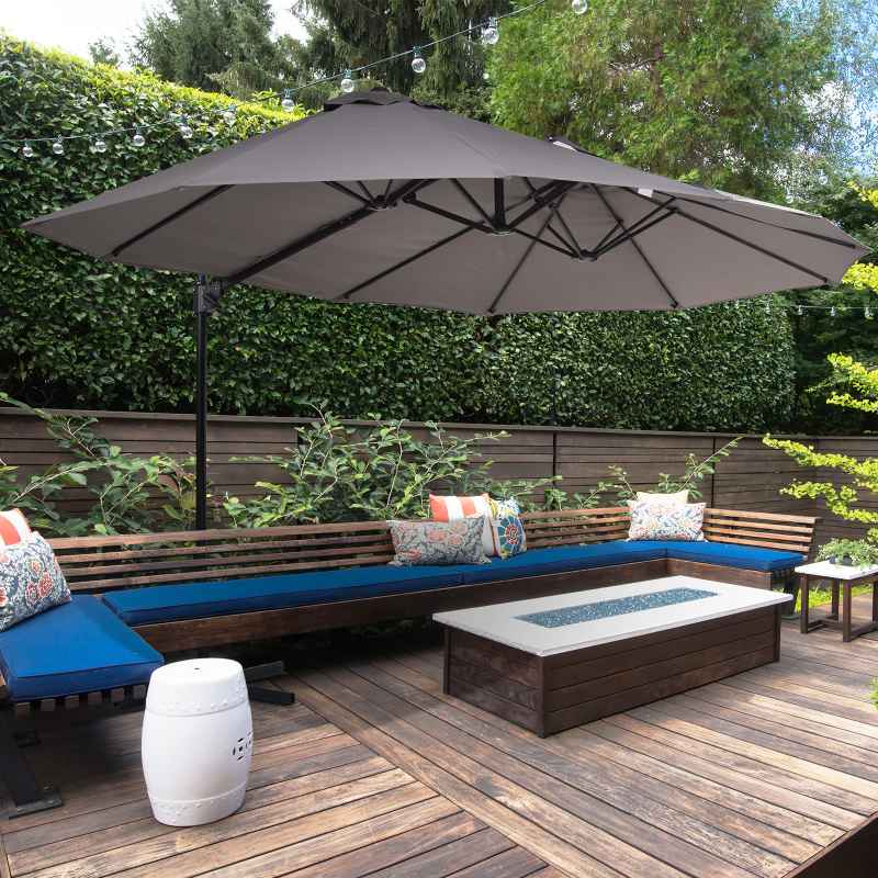 Outsunny 4.4m Large Garden Parasol, Double-Sided Cantilever Parasol with Base Included, Patio Umbrella Sun Shade with Steel Pole 12 Ribs Crank Handle Easy Lift Twin Canopy, Grey