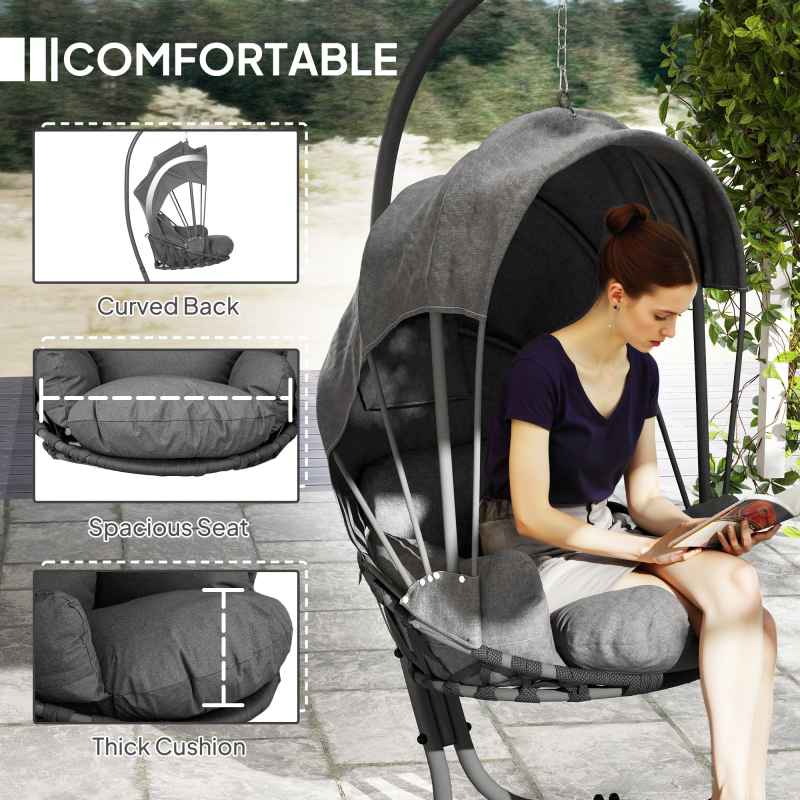 Outsunny Hanging Egg Chair with Cushion and Retractable Canopy, Swing Hammock Chair with Adjustable Metal Stand, for Indoor and Outdoor, Grey