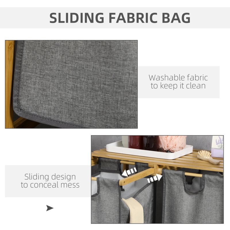 HOMCOM Bamboo Laundry Basket, Laundry Hamper with Shelf, 2 Pull-out Bags for Bedroom, Bathroom, Laundry Room, 64 x 33 x 73 cm, Grey