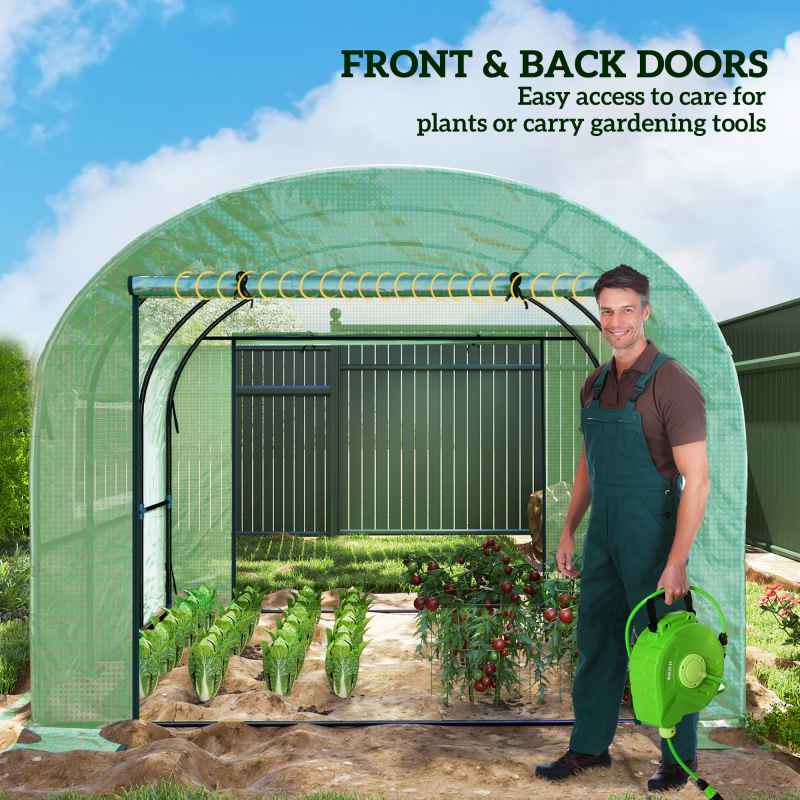 Outsunny 3 x 3 x 2m Polytunnel Greenhouse with Doors and Mesh Windows, Walk-in Grow House Tent with UV-resistant PE Cover and Steel Frame, Green