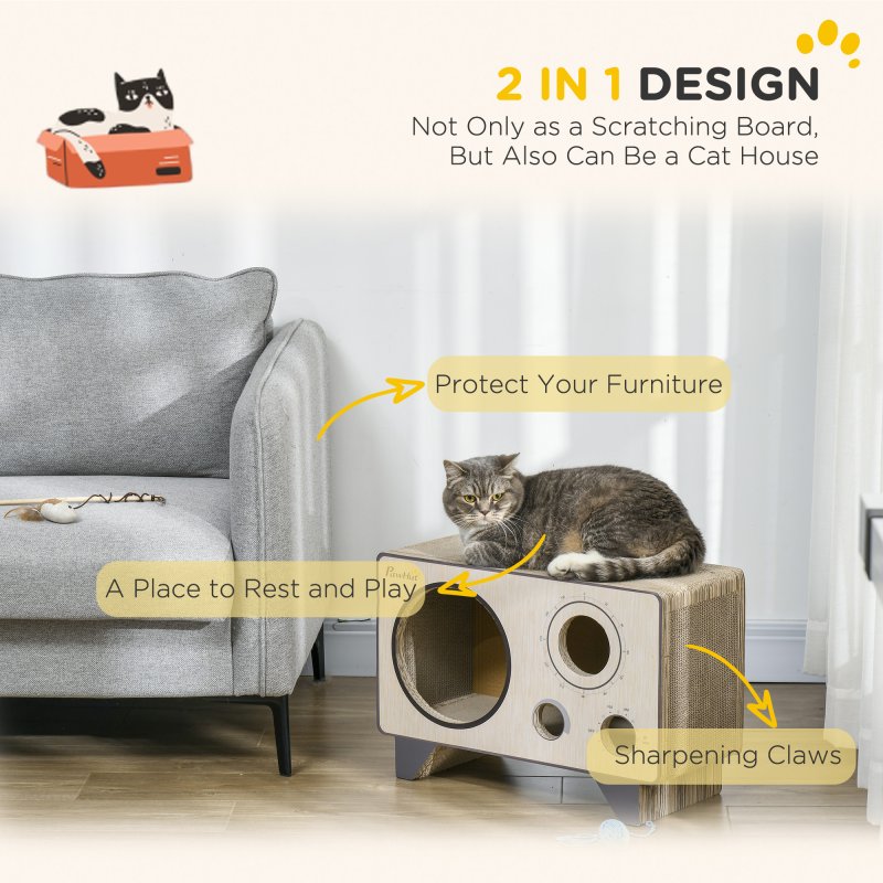 PawHut Cat Scratcher Cat Scratching Board Radio Shape with Catnip, Natural Wood Finish