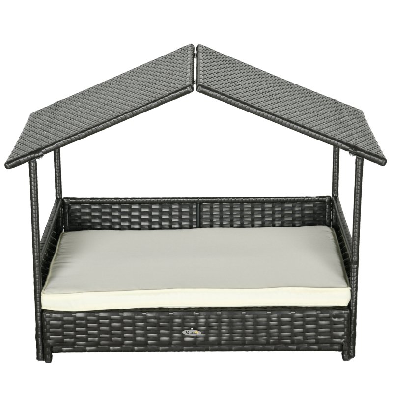 PawHut Rattan Dog House, Extendable Outdoor Wicker Dog Bed w/ Water-Resistant Roof, Removable Cushion, for Small and Medium Dogs - Cream White