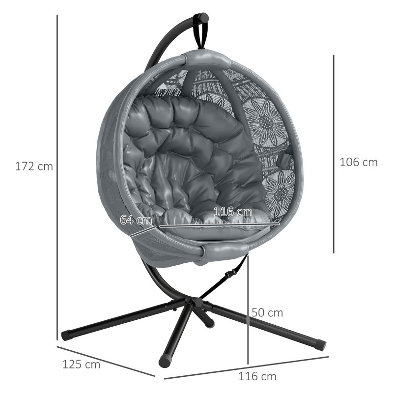 Outsunny Outdoor Hanging Chair, Swing Chair with Metal Stand, Thick Padded Cushion, Foldable Basket and Side Pocket, for Indoor and Outdoor, Charcoal Grey