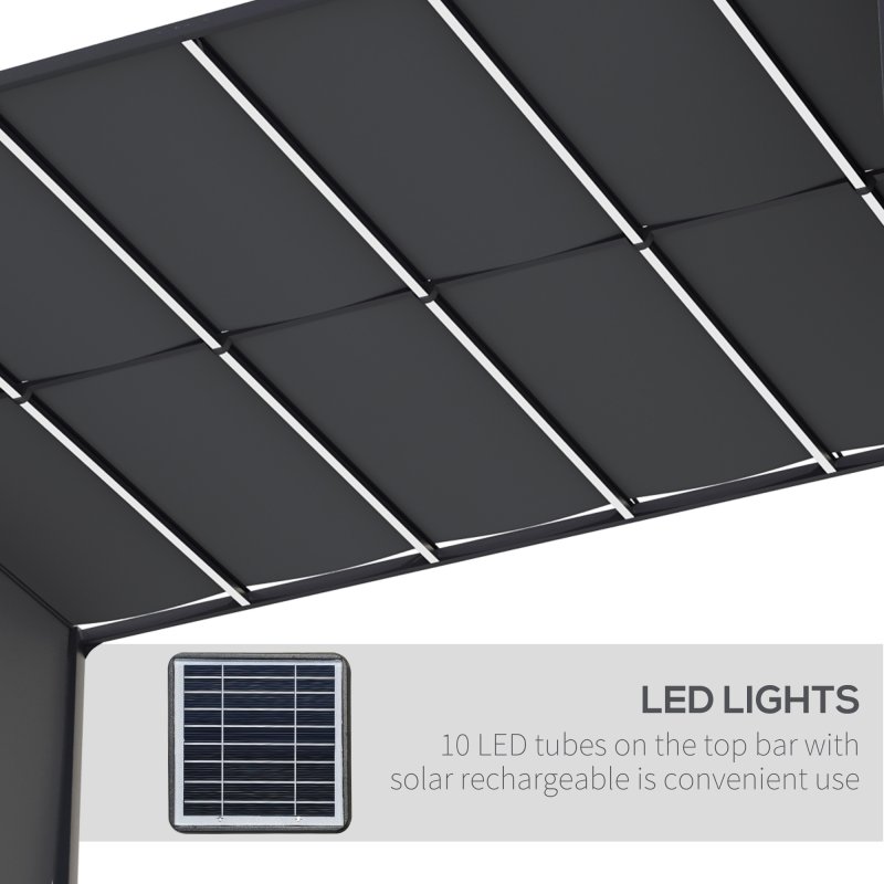 Outsunny 3(m) x 4m Pergola with Solar LED Lights, Garden Gazebo with Retractable Roof, Steel Frame, Outdoor Sun Shade Shelter for Patio Balcony Porch, Dark Grey
