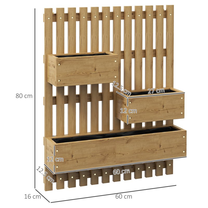 Outsunny Wall-mounted Wooden Garden Planters with Trellis, Drainage Holes and 3 Movable Planter Boxes, Wall Raised Garden Bed for Patio, Carbonised