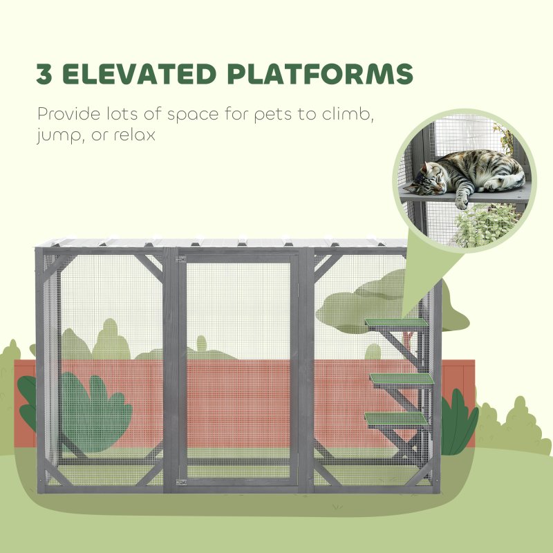 Pawhut Wooden Cat House 71" Catio Outdoor Cat Enclosure with 3 Platforms Large Door