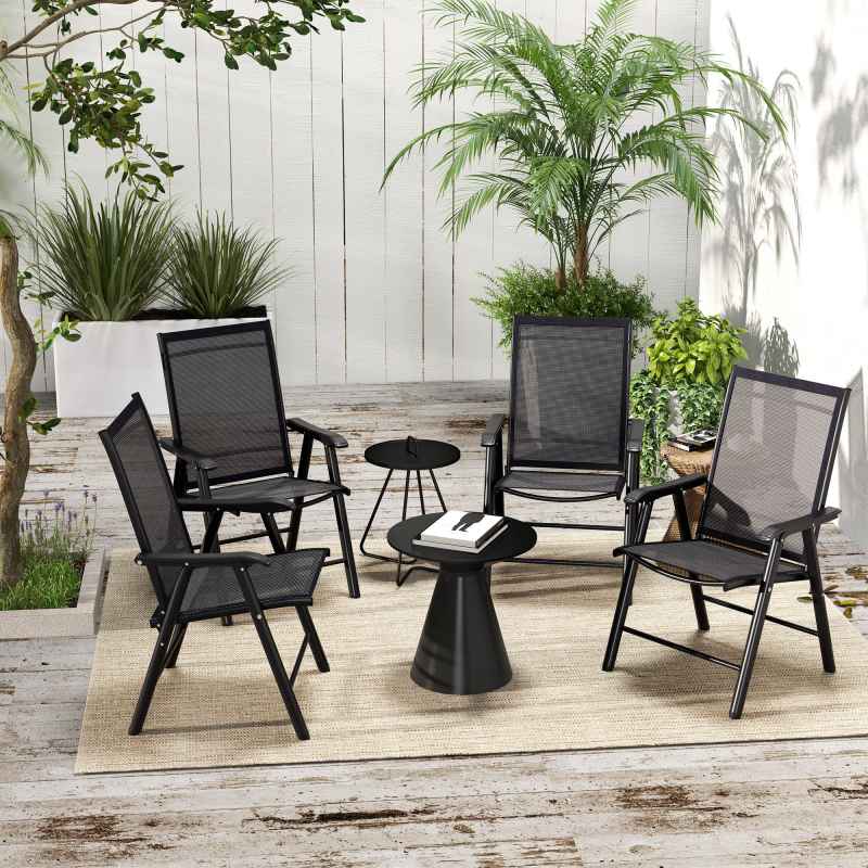 Outsunny Set of 4 Folding Garden Chairs, Metal Frame Garden Chairs Outdoor Patio Park Dining Seat with Breathable Mesh Seat, Black