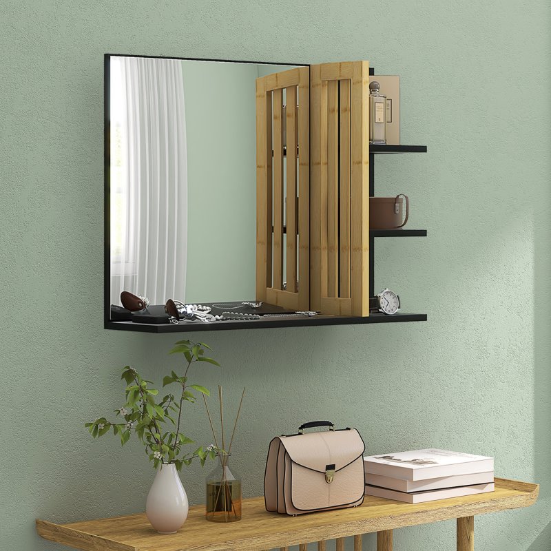 HOMCOM Modern Bathroom Mirror with Shelf, Wall-mounted Vanity Mirror with 4 Storage Shelves and Bamboo Panel for Make Up